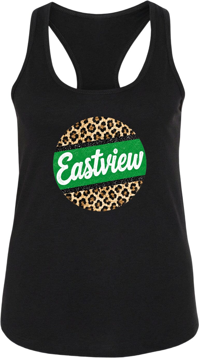 A black tank top with a leopard print design and the word "Eastview" printed on it.