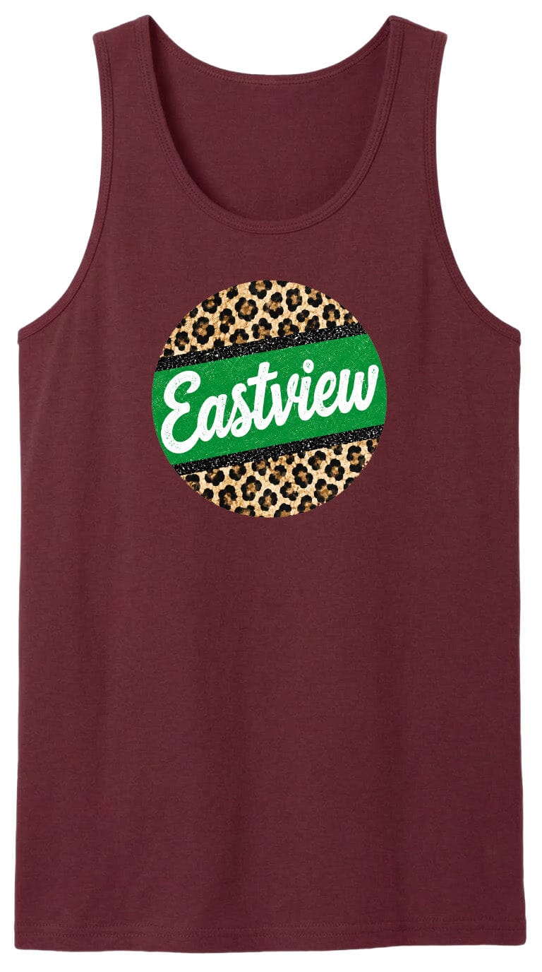 A burgundy tank top with a circular design on the front featuring a leopard print pattern and the word "Eastview" written in white text.