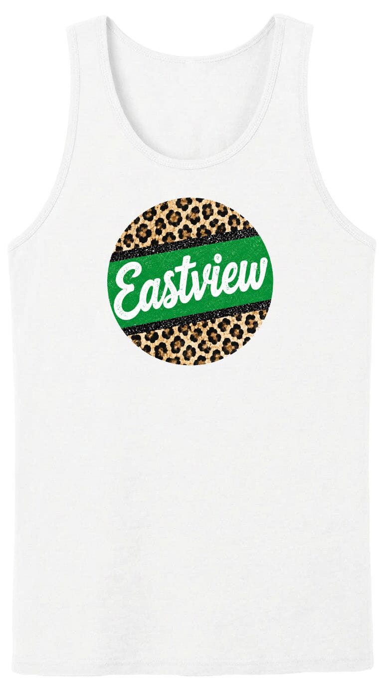 A white tank top with a circular design featuring a leopard print pattern and the word "Eastview" written in green text.