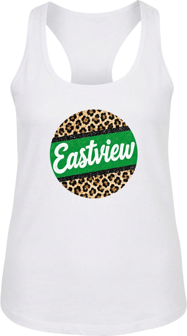 A white tank top with a circular design featuring a leopard print pattern and the word "Eastview" written in green text.