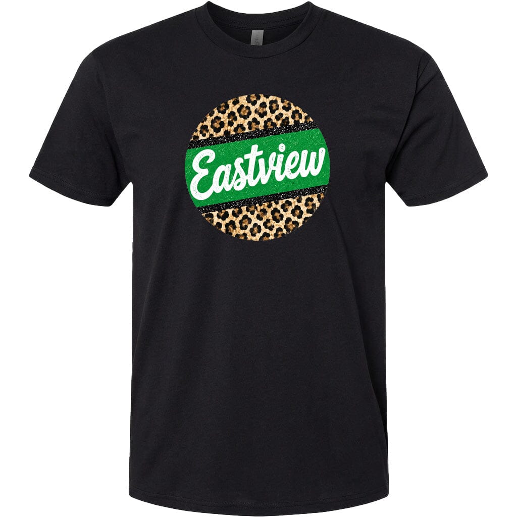 A black t-shirt with a circular graphic design featuring a leopard print pattern and the word "Eastview" written in white cursive text.
