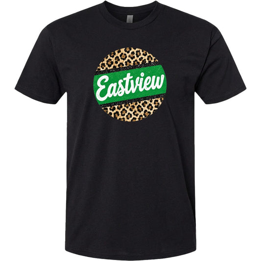 A black t-shirt with a circular graphic design featuring a leopard print pattern and the word "Eastview" written in white cursive text.