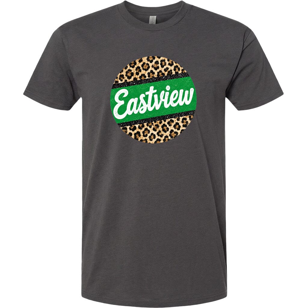 A gray t-shirt with a circular graphic design featuring a leopard print pattern and the word "Eastview" written in white text.