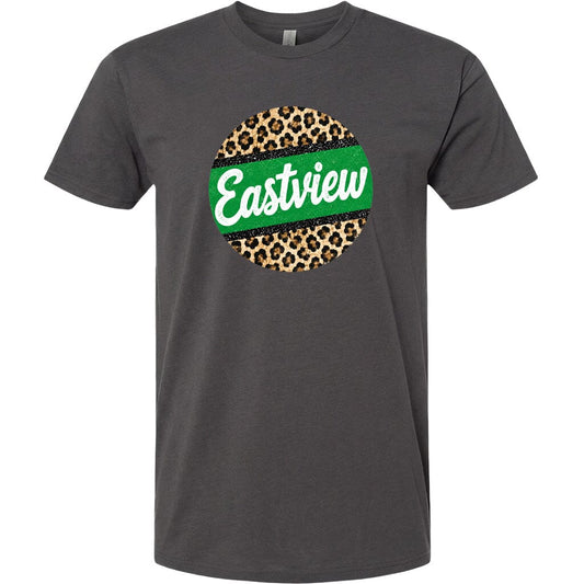A gray t-shirt with a circular graphic design featuring a leopard print pattern and the word "Eastview" written in white text.