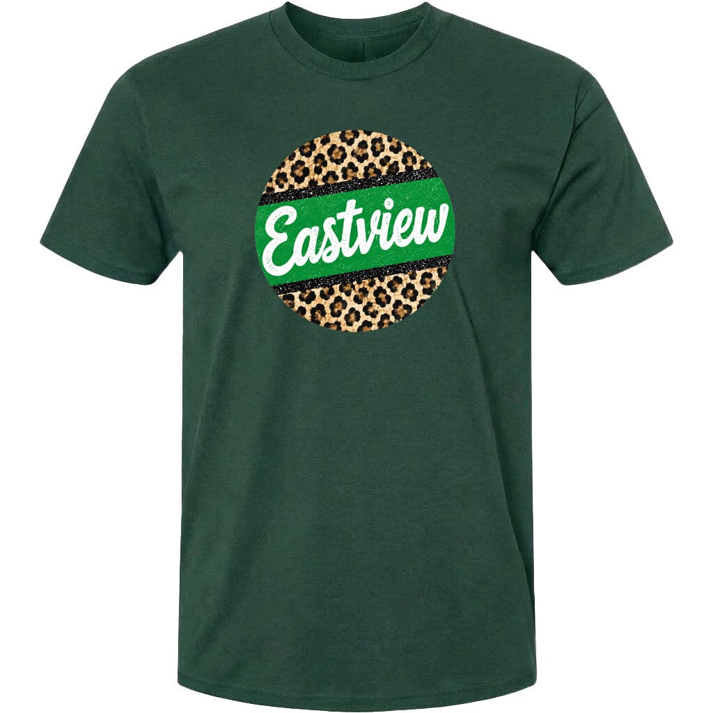 A dark green t-shirt with a circular graphic design featuring a leopard print pattern and the word "Eastview" written in white text.