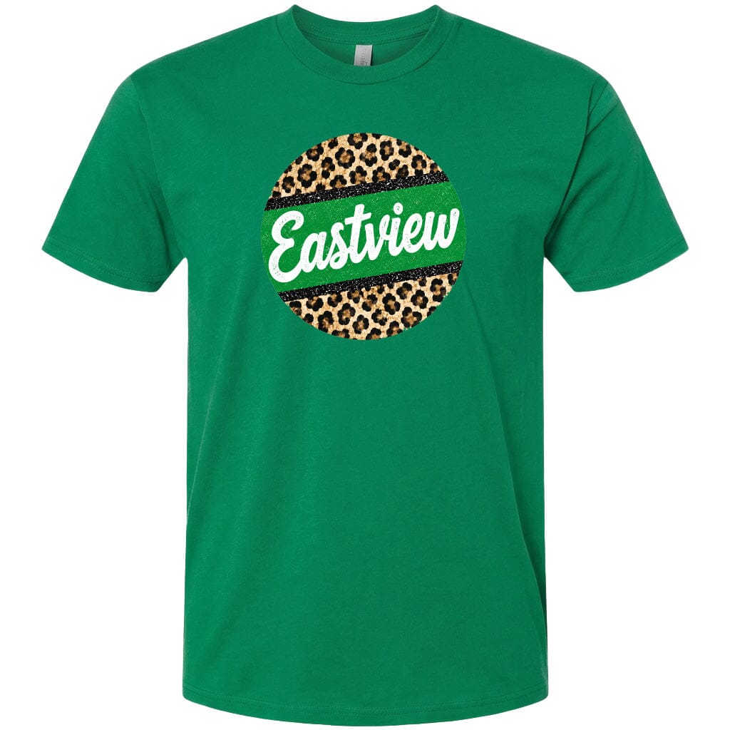 A green t-shirt with a circular design featuring a leopard print pattern and the word "Eastview" written in white text.