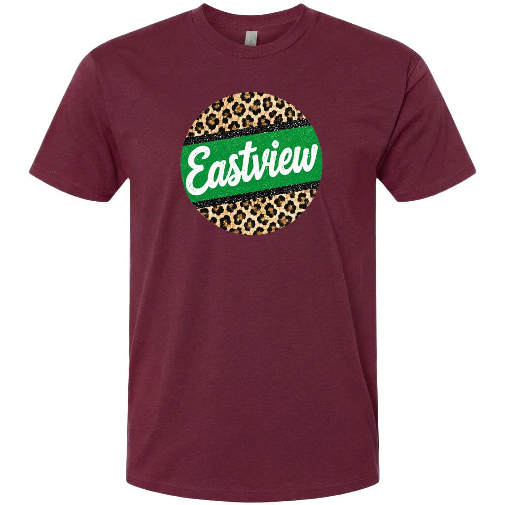 A burgundy-colored t-shirt with a circular graphic design featuring a leopard print pattern and the word "Eastview" written in white cursive text.
