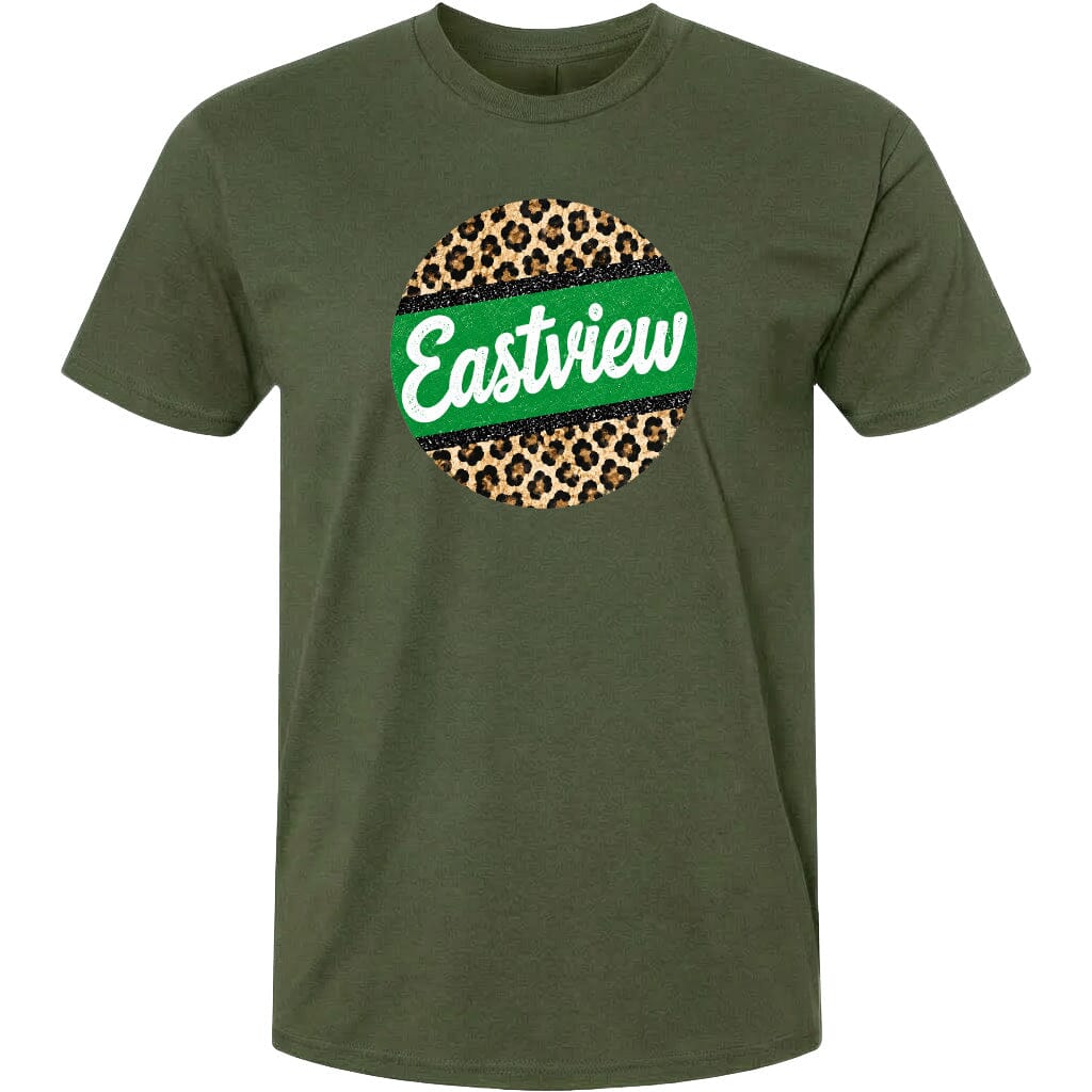 A green t-shirt with a circular design featuring a leopard print pattern and the word "Eastview" written in white text.