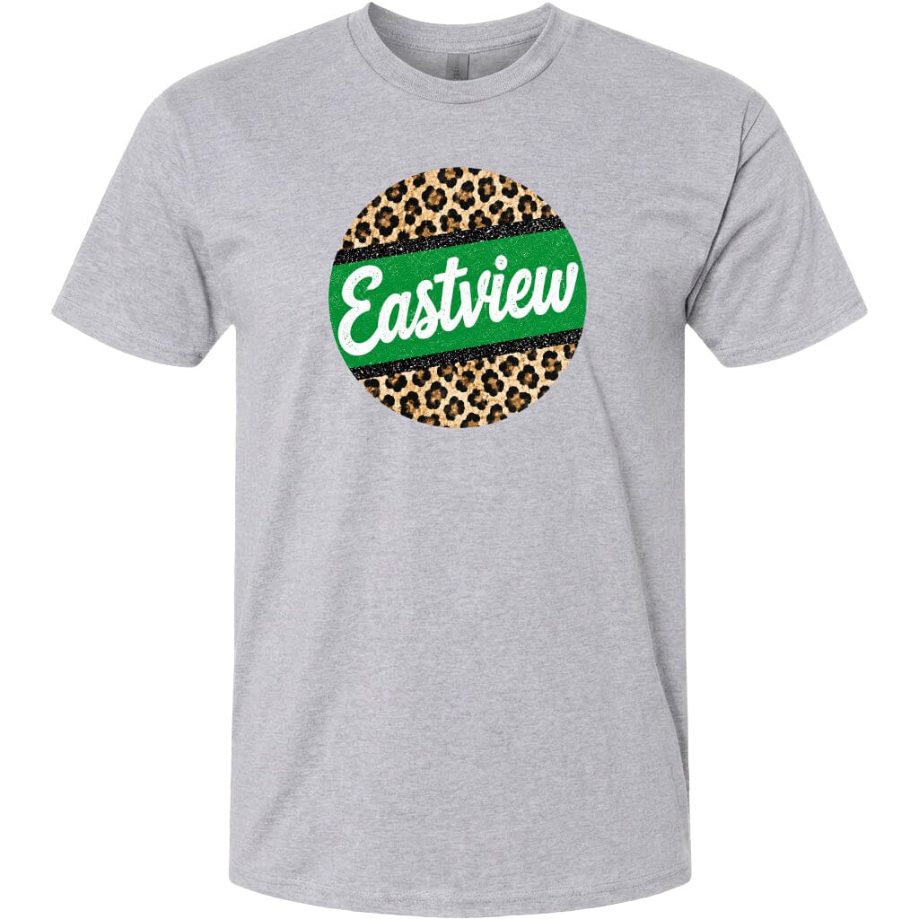 A gray t-shirt with a circular graphic design featuring a leopard print pattern and the word "Eastview" written in white cursive text.