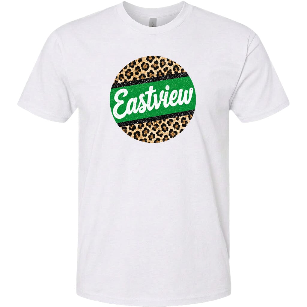 A white t-shirt with a circular graphic design featuring a leopard print pattern and the word "Eastview" written in green text.