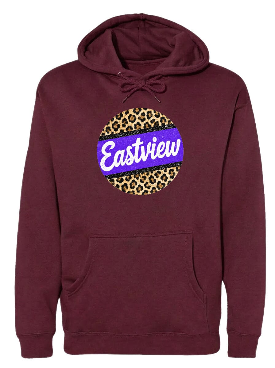 A burgundy hoodie with a leopard print design and the word "Eastview" printed on it.