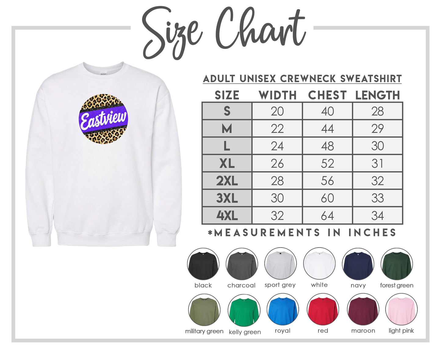 The image is a size chart for an adult unisex crewneck sweatshirt. It includes a white sweatshirt with a leopard print design and a table with size and corresponding measurements.