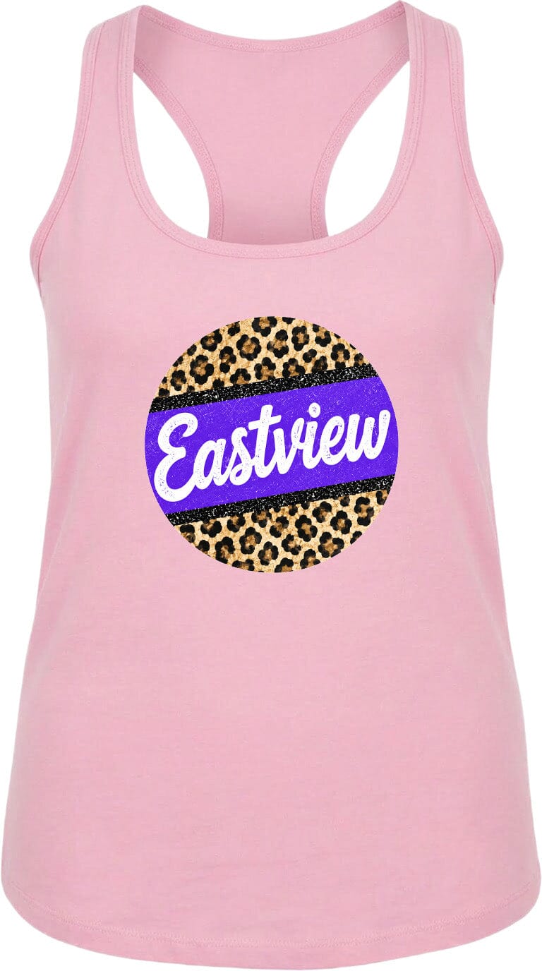 A pink tank top with a leopard print design and the word "Eastview" printed on it.