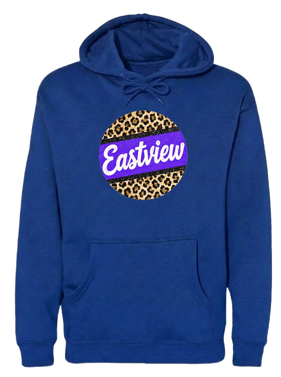 A blue hoodie with a leopard print design and the word "Eastview" printed on it.