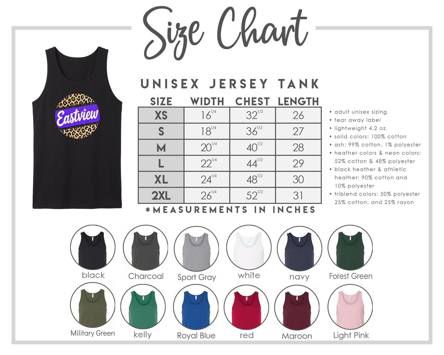 The image is a size chart for a unisex jersey tank, providing measurements in inches for different chest sizes. It includes a black tank, a gray tank, a navy tank, and a forest green tank, along with various color options such as black, charcoal, sport gray, navy, forest green, military green, royal blue, red, maroon, and light pink.