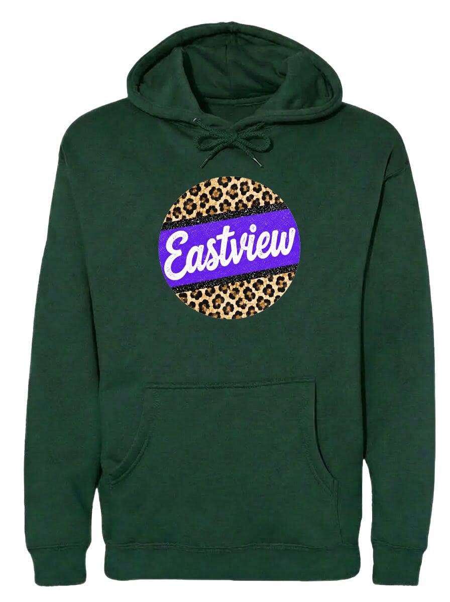A green hoodie with a leopard print design and the word "Eastview" printed on it.