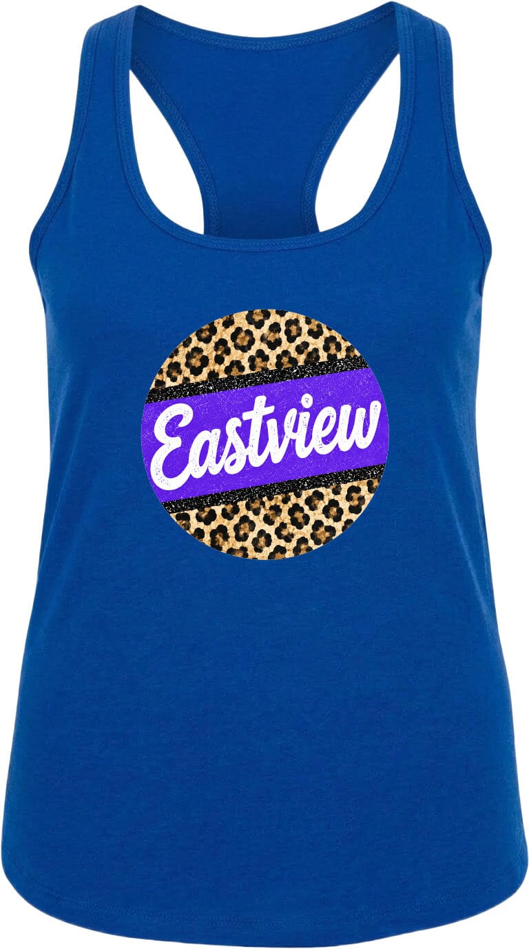 A blue tank top with a leopard print design and the word "Eastview" printed on it.