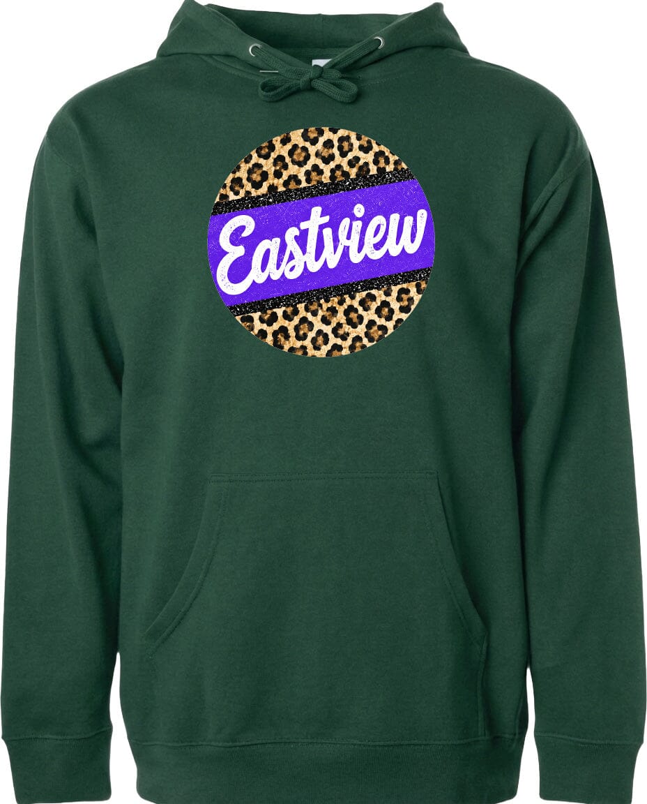 A green hoodie with a leopard print design and the word "Eastview" printed on it.