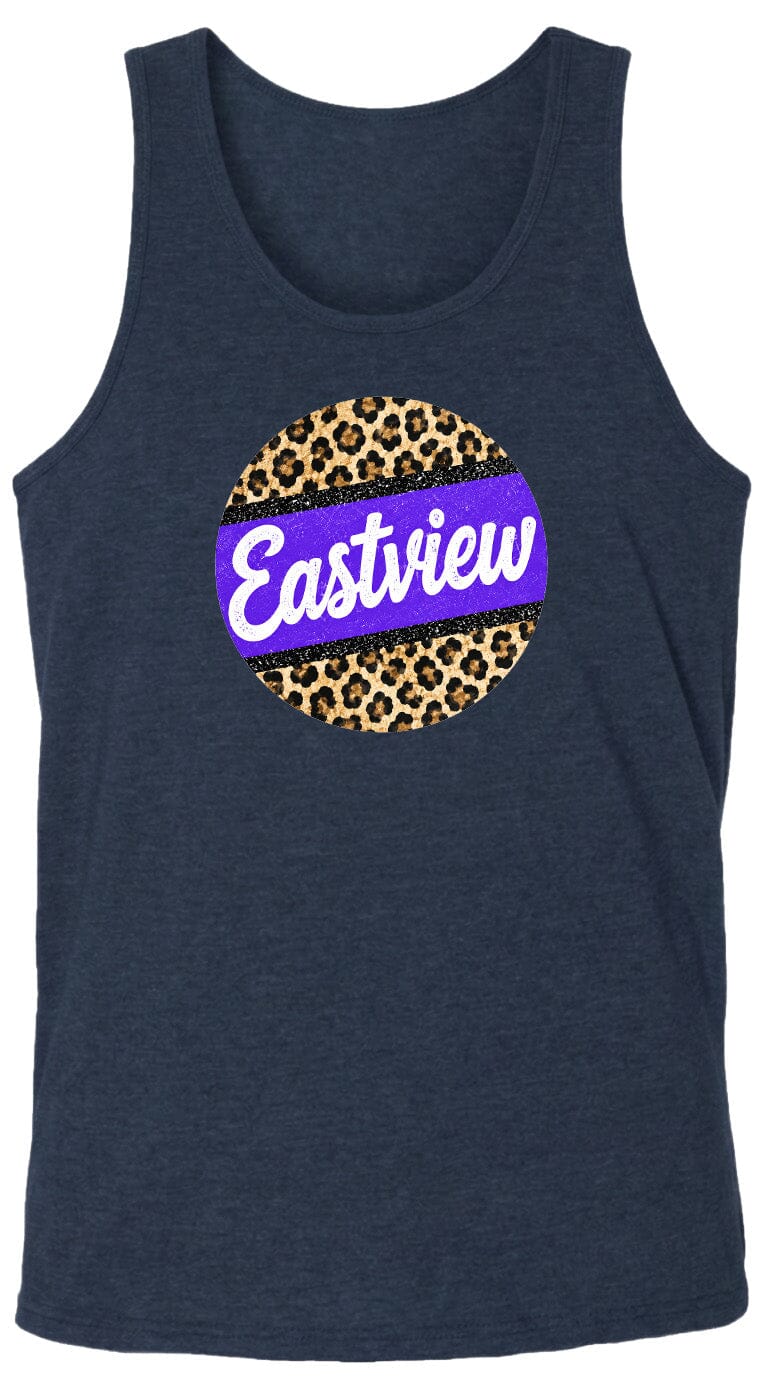 A dark blue tank top with a circular design on the front featuring a leopard print pattern and the word "Eastview" written in white text.