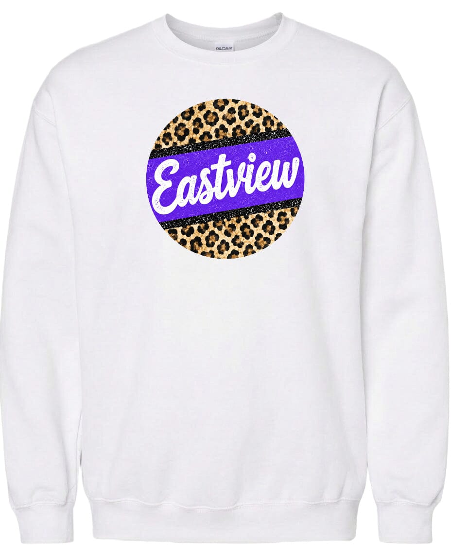 A white sweatshirt with a circular design featuring a leopard print pattern and the word "Eastview" written in purple.