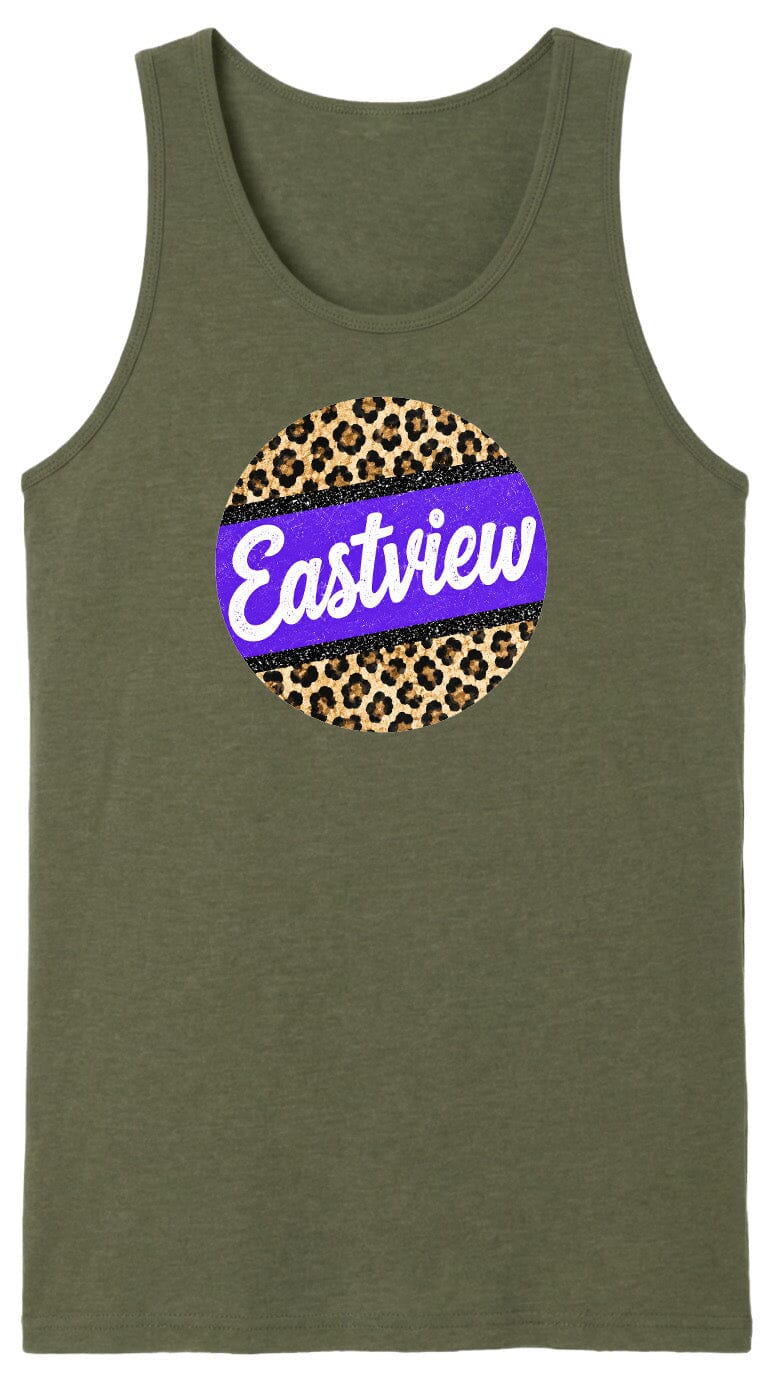 A green tank top with a purple and leopard print circular logo on it.