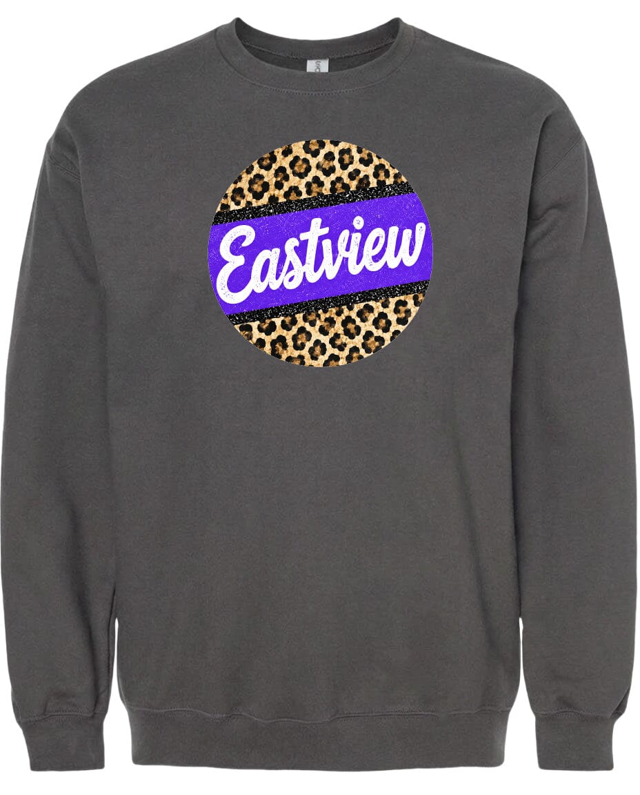A gray sweatshirt with a large purple circle on the front, featuring a leopard print pattern and the word "Eastview" written in white text.