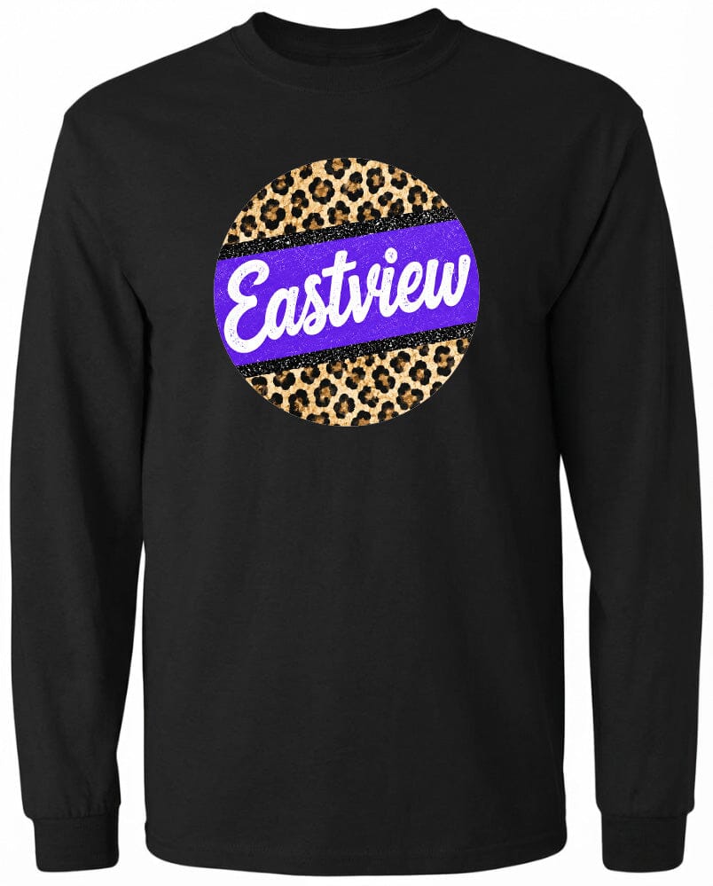 A black long-sleeved shirt with a circular design featuring a leopard print pattern and the word "Eastview" written in purple text.