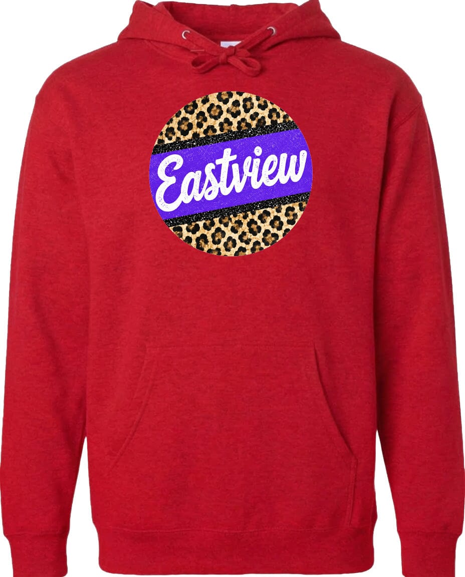 A red hoodie with a leopard print design and the word "Eastview" printed on it.