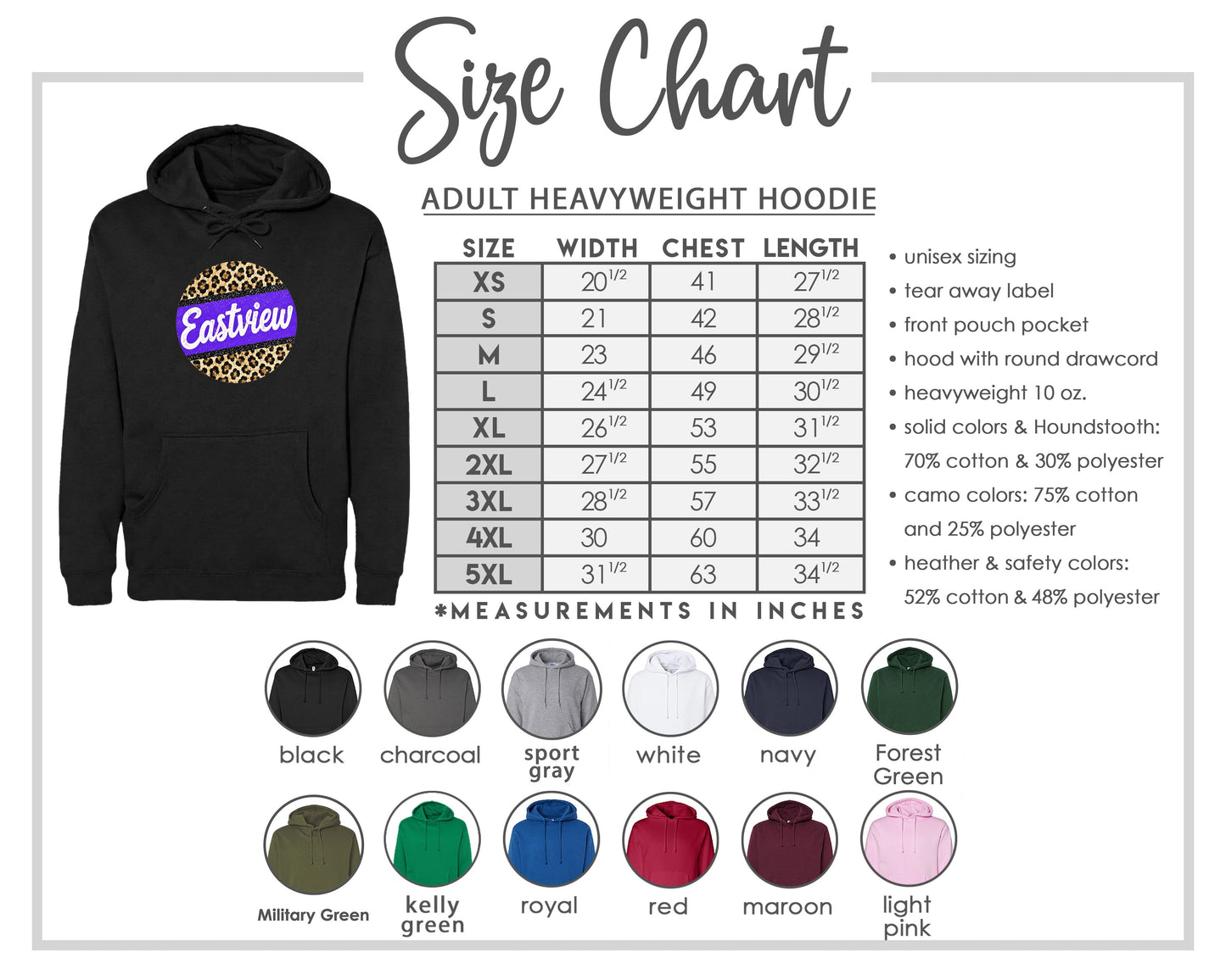 The image is a size chart for an adult heavyweight hoodie, including various color options and measurements in inches.