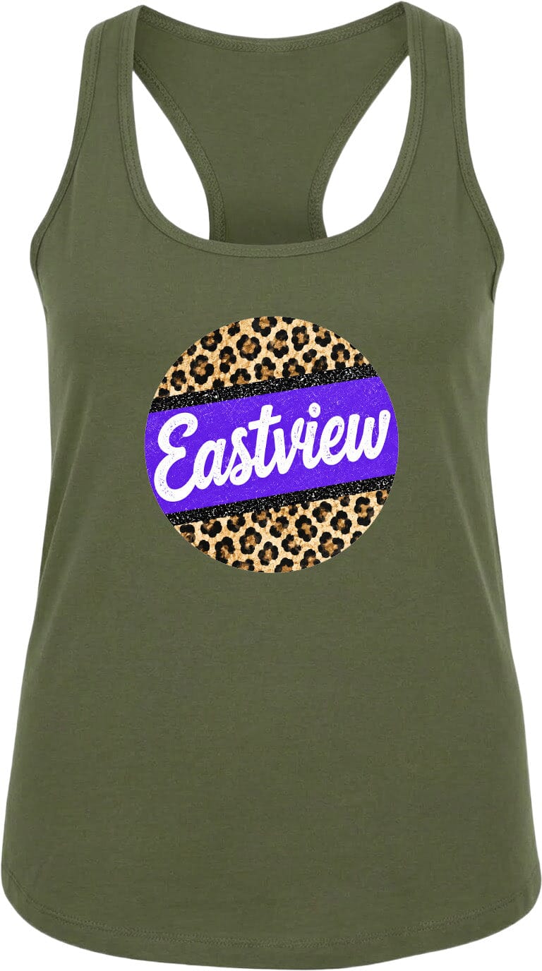 A green tank top with a leopard print design and the word "Eastview" printed on it.