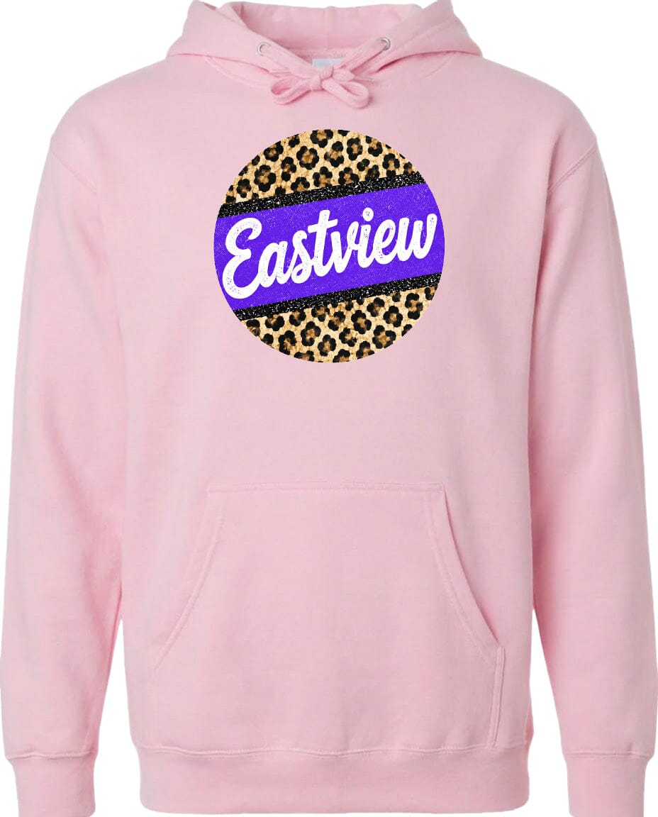 A pink hoodie with a leopard print design and the word "Eastview" printed on it.