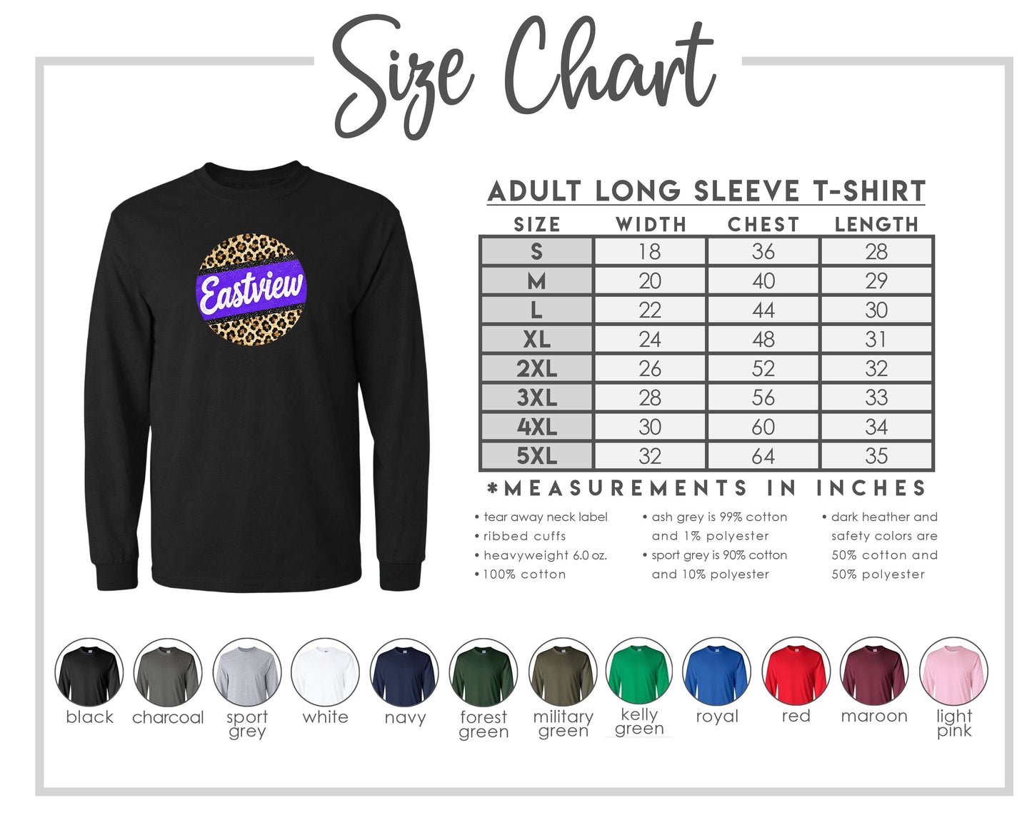The image is a size chart for an adult long sleeve t-shirt, providing measurements and corresponding shirt colors.