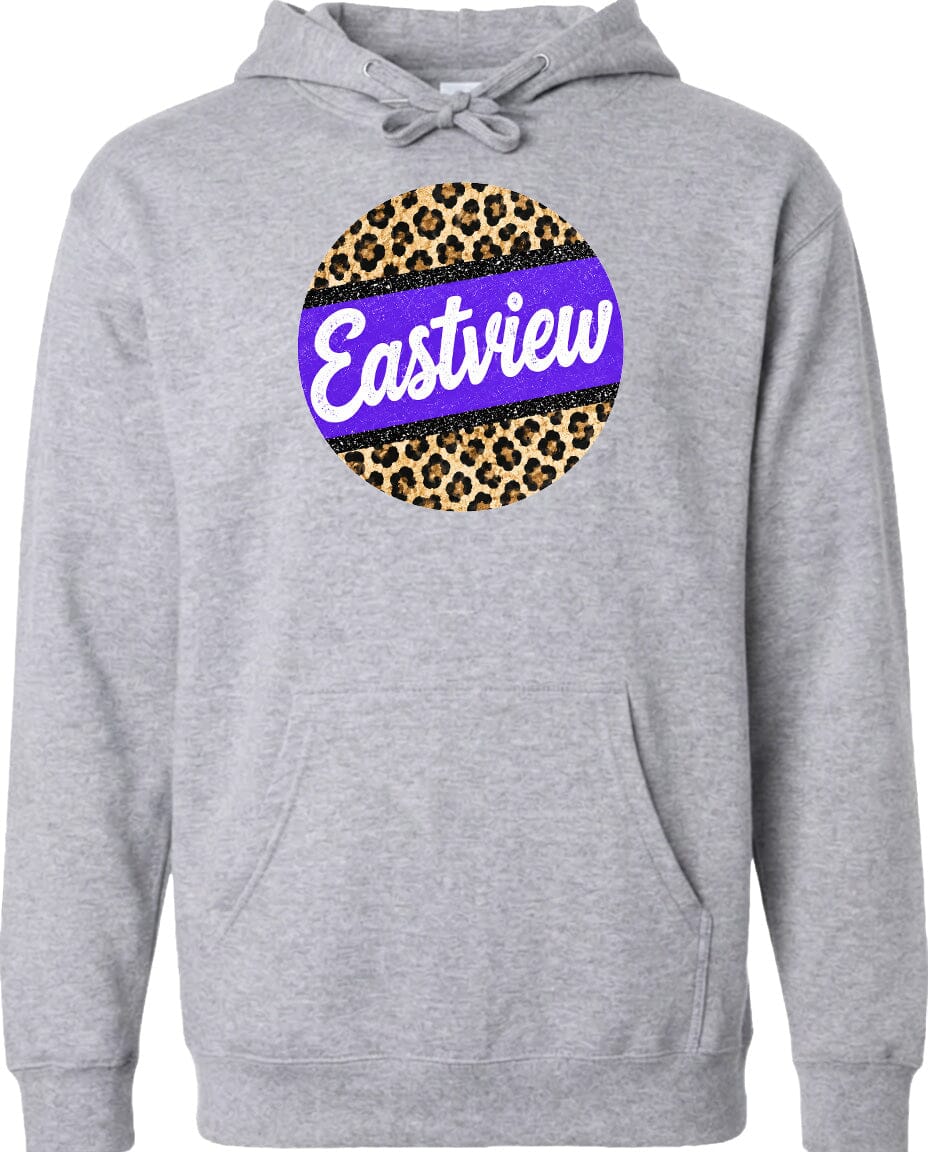 A grey hoodie with a round graphic design on the front. The design features a leopard print pattern with a purple stripe and the word "Eastview" written in white cursive text.