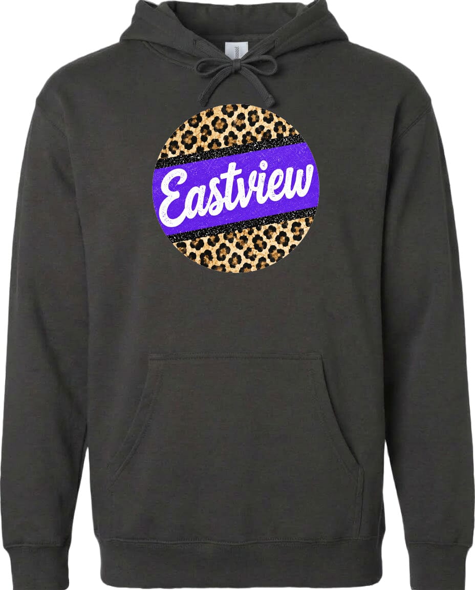 A black hoodie with a round graphic design on the front. The design features a leopard print pattern with a purple border, and the word "Eastview" written in white cursive letters.