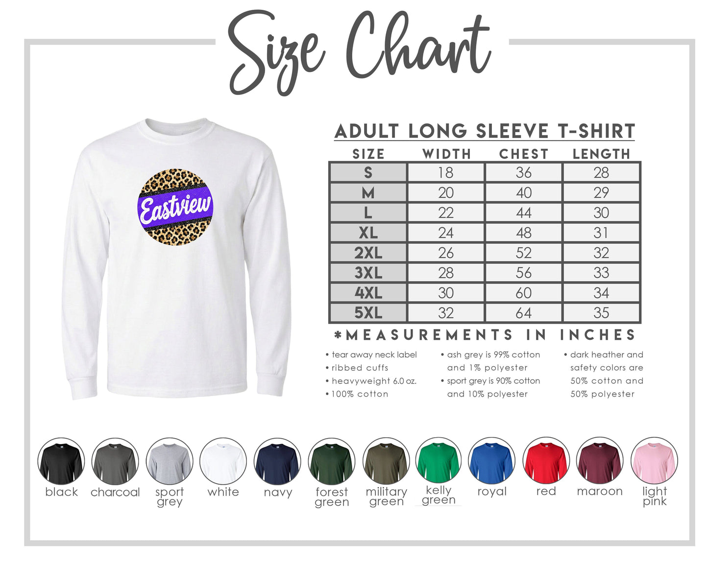 The image is a size chart for an adult long sleeve t-shirt, providing measurements and corresponding shirt colors.