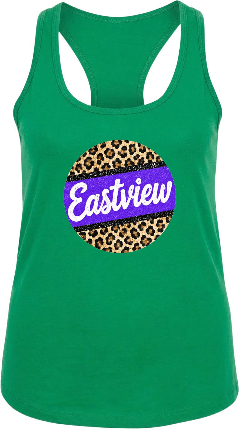 A green tank top with a leopard print design and the word "Eastview" printed on it.