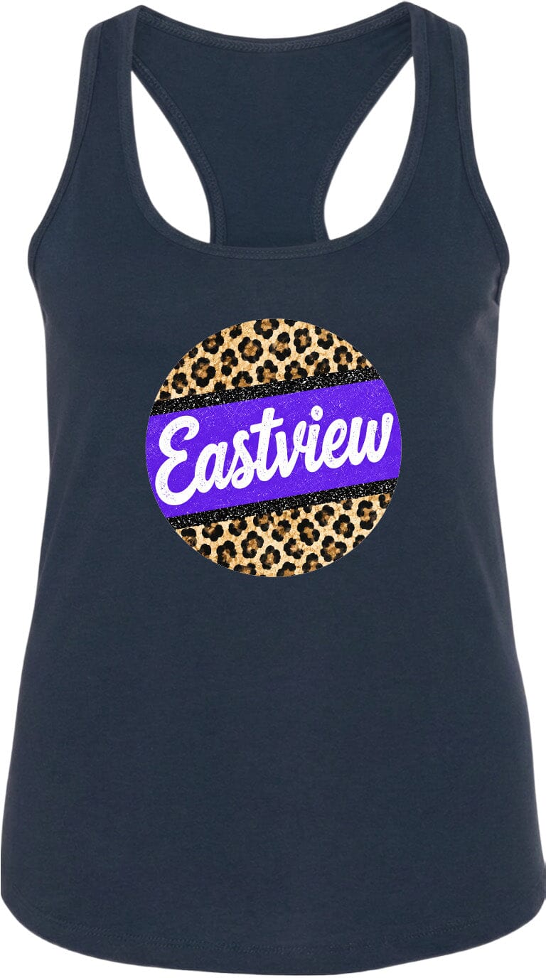 A black tank top with a leopard print design and the word "Eastview" printed on it.