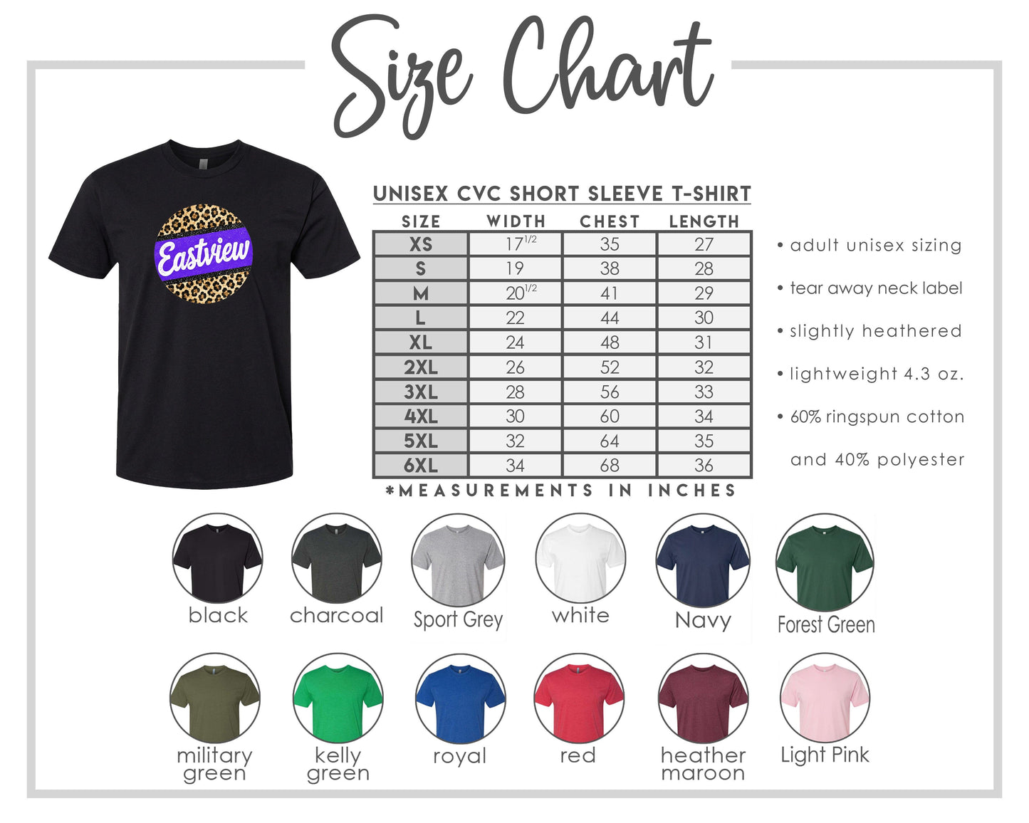 The image is a size chart for a unisex CVC short sleeve t-shirt, including various sizes and measurements in inches.