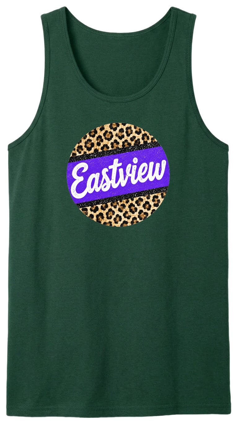 A green tank top with a purple and leopard print circular logo on it.