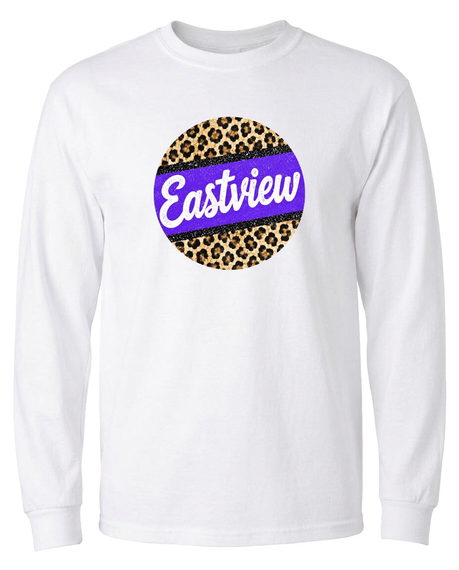 A white long-sleeved t-shirt with a circular design featuring a leopard print pattern and the word "Eastview" written in purple text.