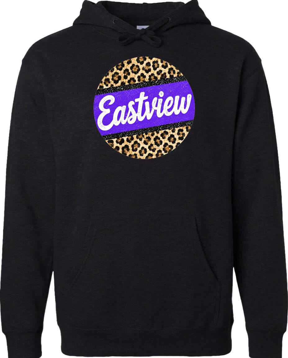 A black hoodie with a leopard print design and the word "Eastview" printed on it.