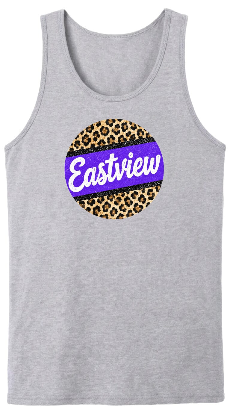 A gray tank top with a circular design featuring a leopard print pattern and the word "Eastview" written in white cursive text.