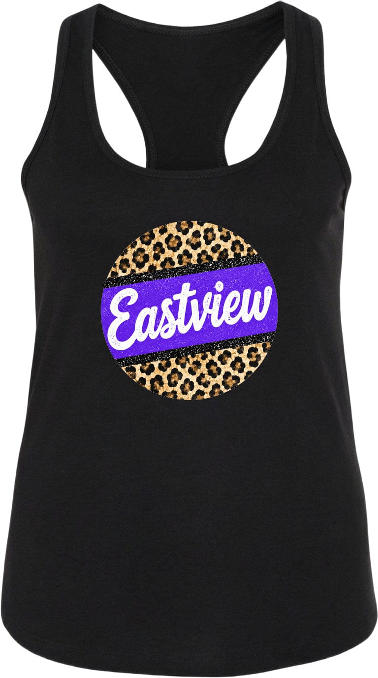 A black tank top with a leopard print design and the word "Eastview" printed on it.