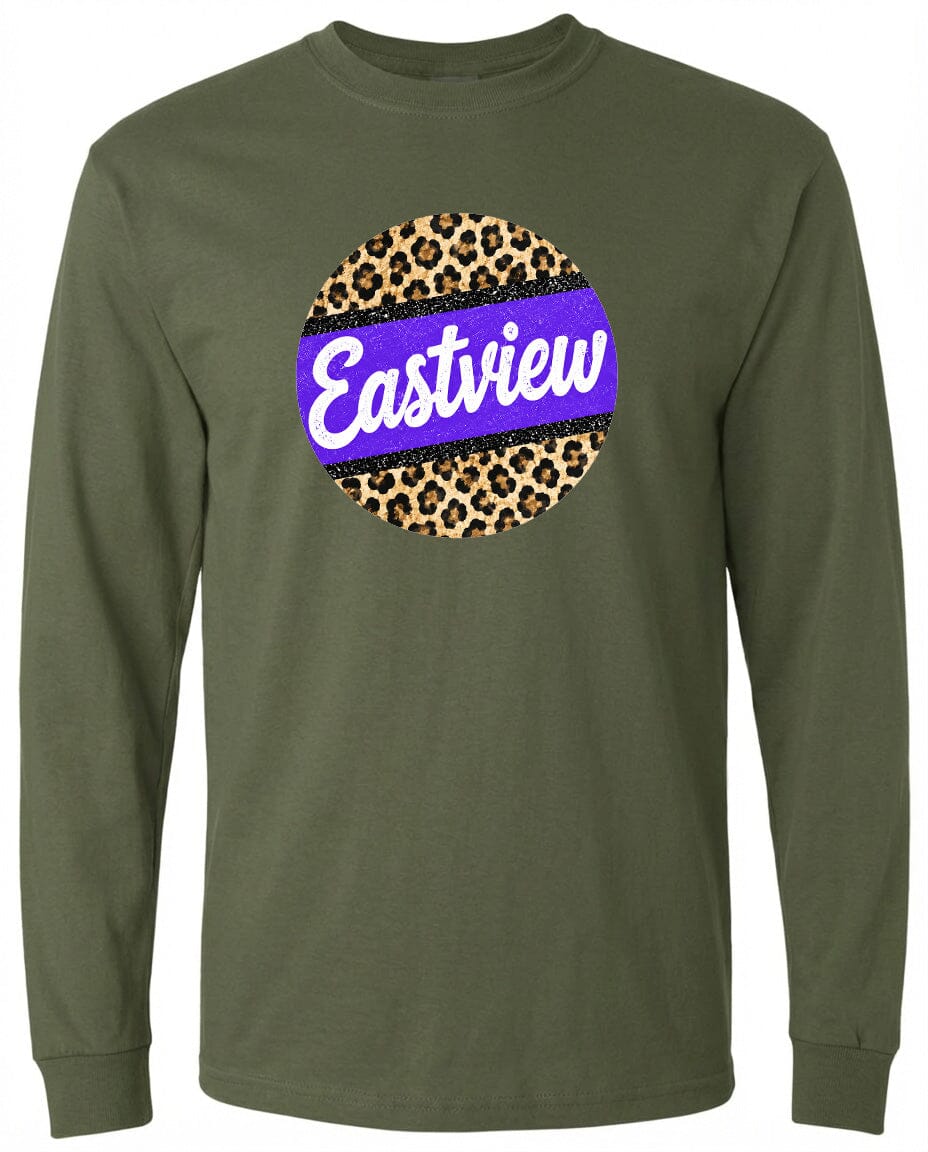 A long-sleeved olive green t-shirt with a circular graphic design on the front. The design consists of a leopard print pattern surrounding a purple stripe, and the word "Eastview" is written in white cursive letters.