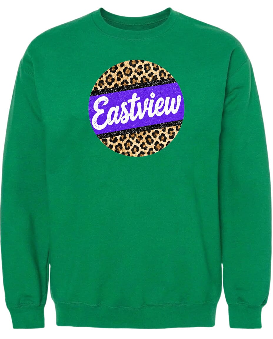 A green sweatshirt with a purple and leopard print circular logo on the front.