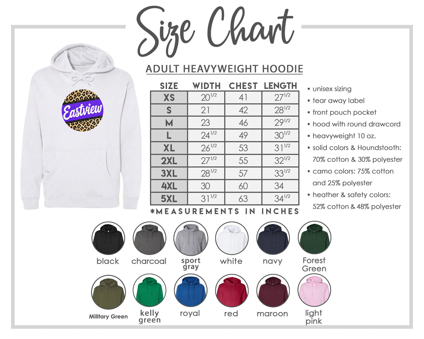 The image is a size chart for an adult heavyweight hoodie, including various color options and measurements in inches.