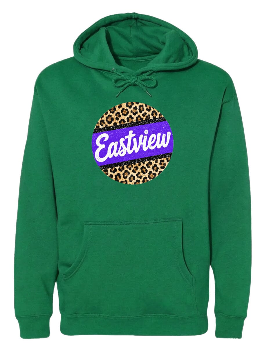 A green hoodie with a leopard print design and the word "Eastview" printed on it.