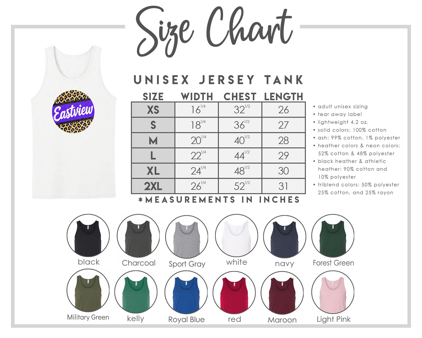 The image is a size chart for a unisex jersey tank, providing measurements and corresponding tank sizes for different chest lengths.