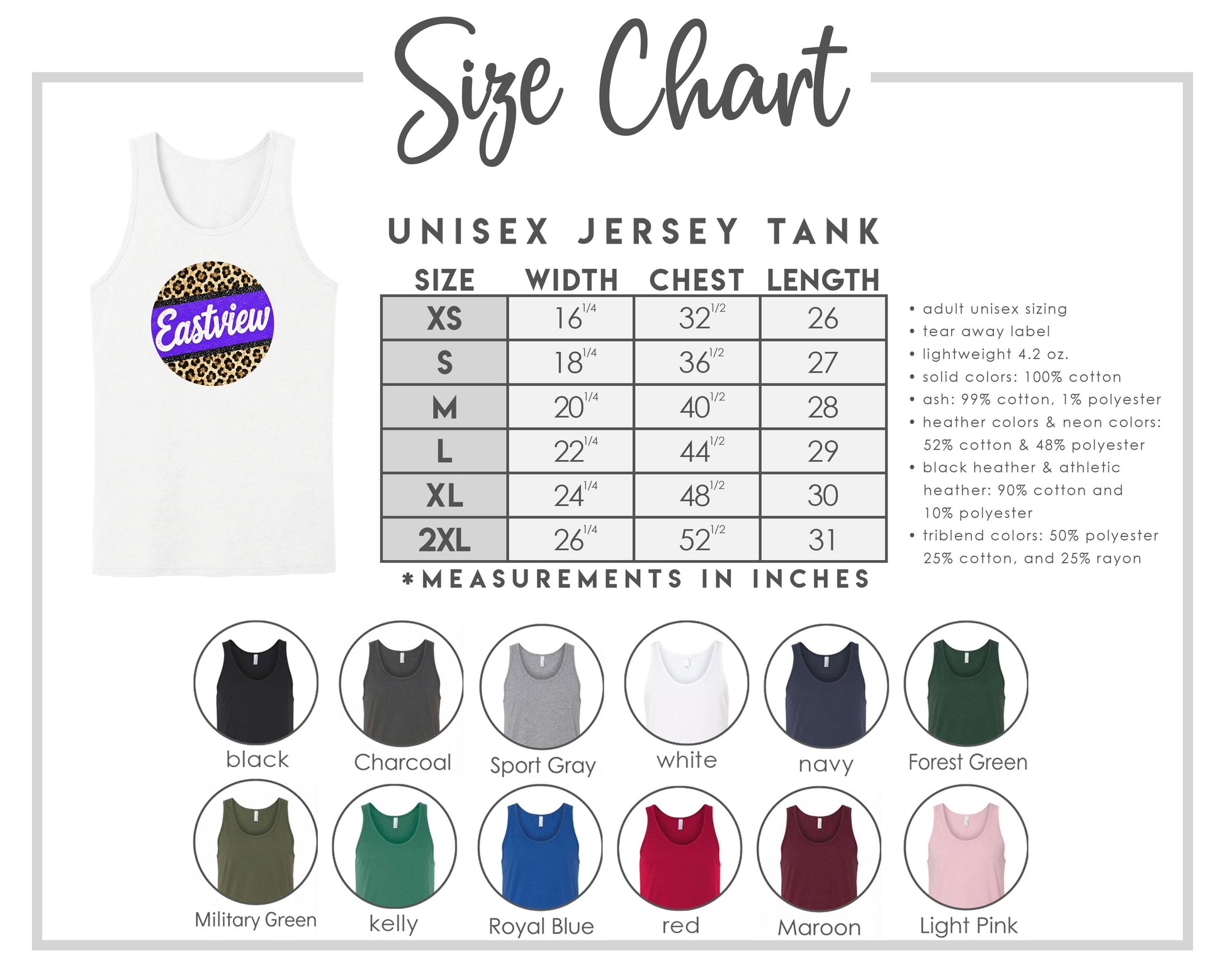 The image is a size chart for a unisex jersey tank, providing measurements and corresponding tank sizes for different chest lengths.