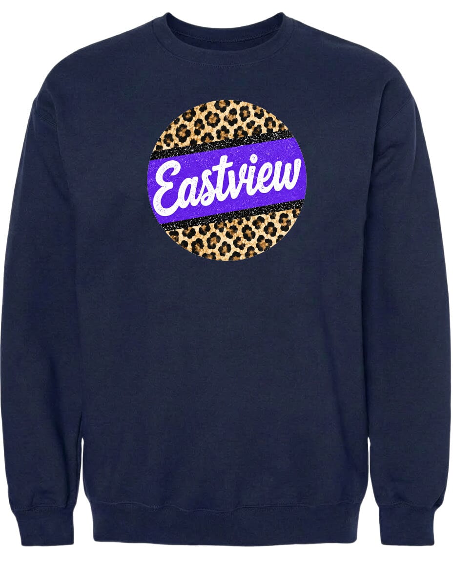 A navy blue sweatshirt with a large purple and leopard print circle on the front.